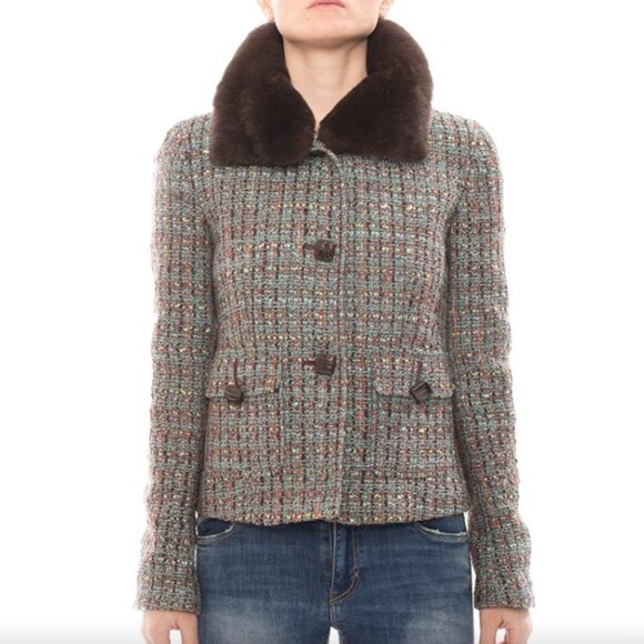Dolce & Gabbana Multi Tweed Fur Collar Blazer Wool Jacket size IT 40/4 - Picture 1 of 9